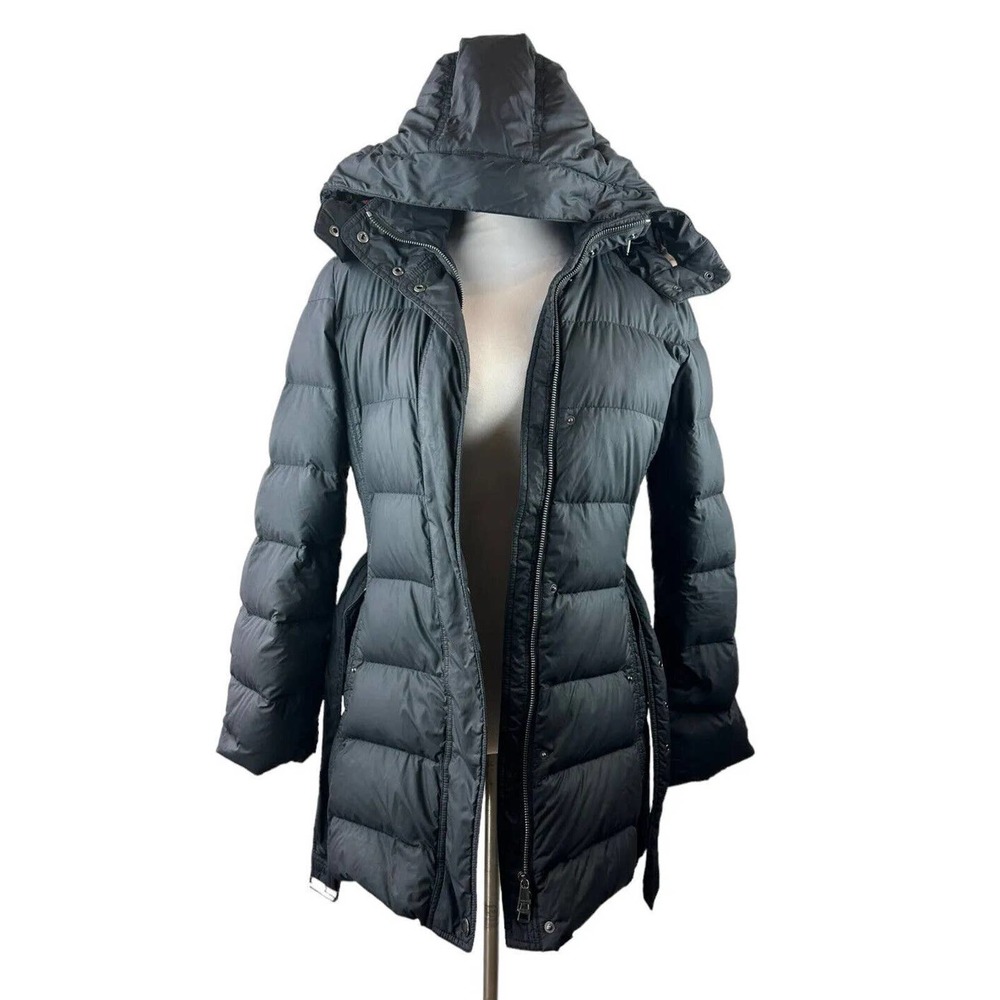 *Flawed Burberry Brit Down Puffer Jacket Coat Belted Hooded Quilted Black Size M - Picture 2 of 16